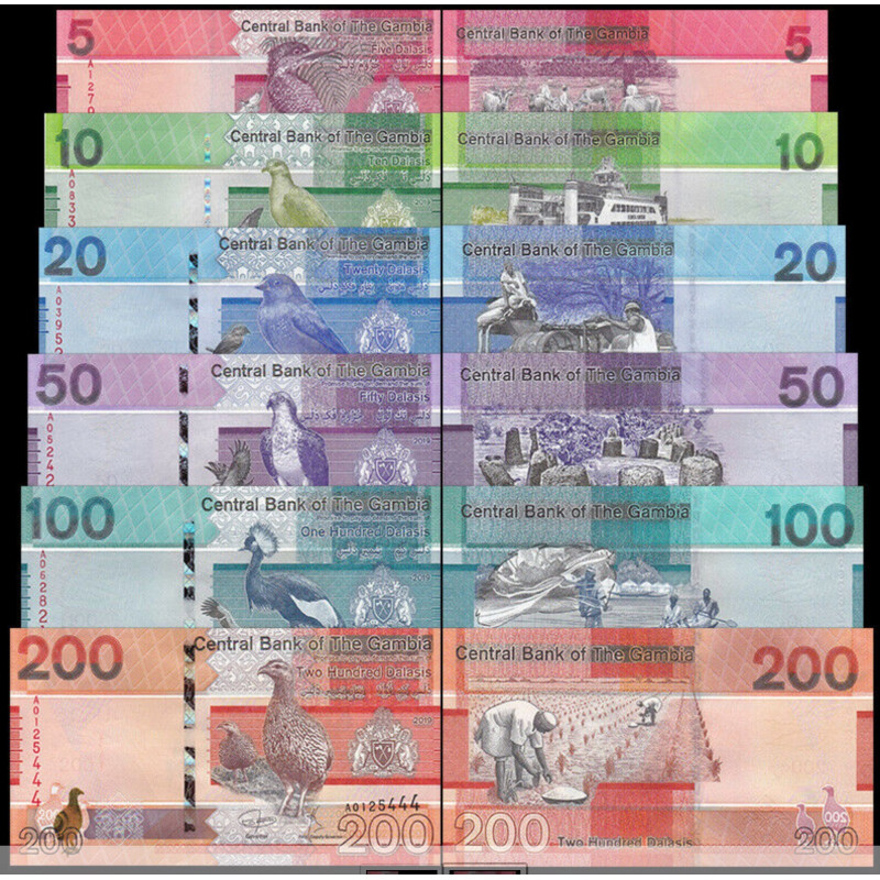 Gambia 2019 Set Banknotes 5 10 20 50 100 200 Dalasis