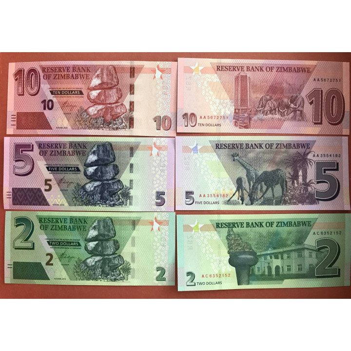 Zimbabwe Lot 2, 5, 10 Dollars 2019-2020