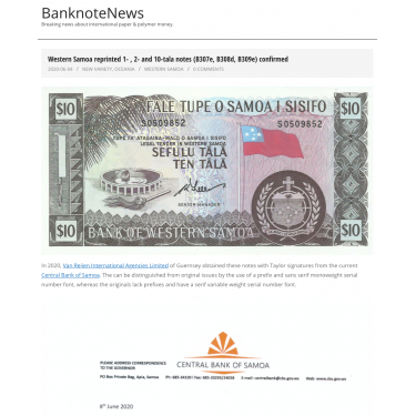 Western Samoa 10 Tala ND (1967) S prefix P-18d