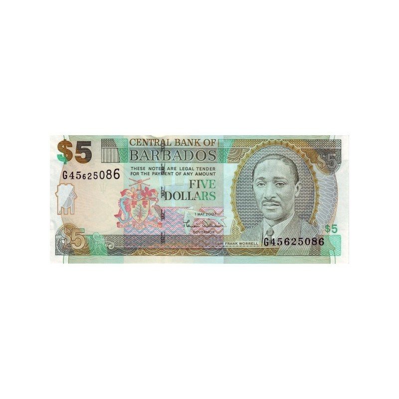Barbados 5 Dollars 2007 P-67a