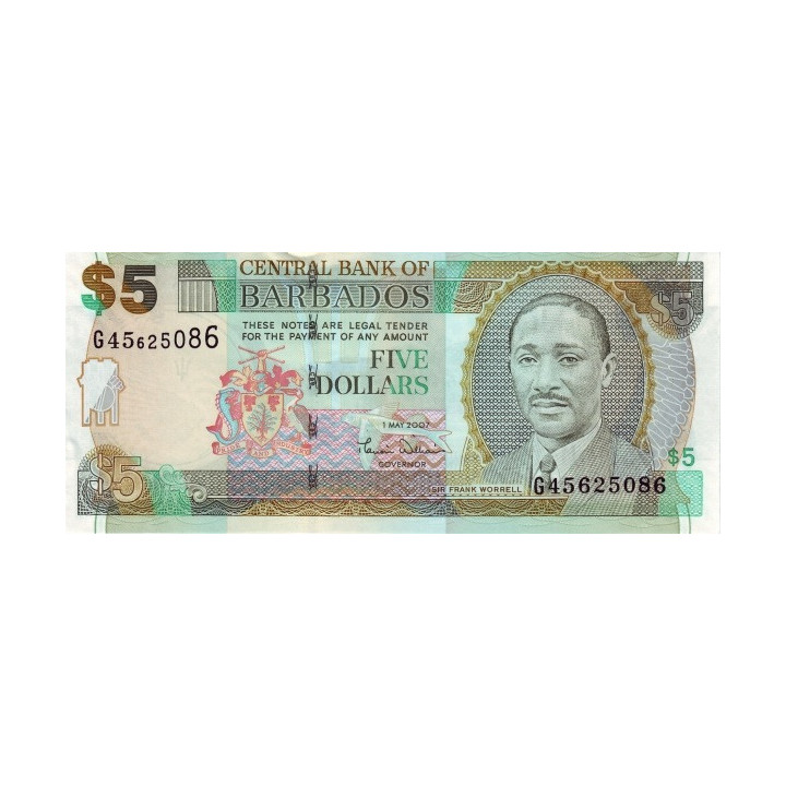 Barbados 5 Dollars 2007 P-67a