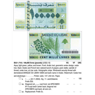 Lebanon 100.000 Livres 2004 P89 Ex Replacement