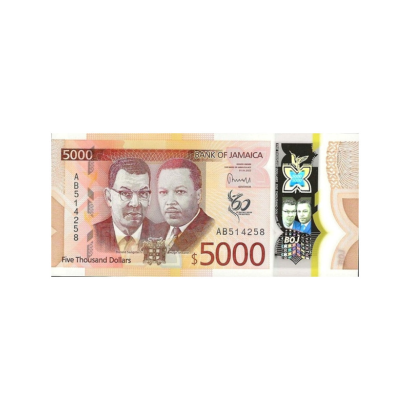 thumbnail image 2 of Jamaica $500 Polymer Banknote 2022 (2023) – AA-Prefix, UNC Redesigned – P-W98 2 of 3