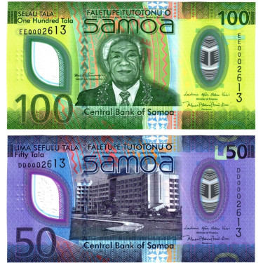 Samoa 50 Tala P50 och 100 Tala P51 2025 matchande serienummer