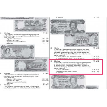 Bahamas 3 dollars 1984 P-44 Catalogue Value $60
