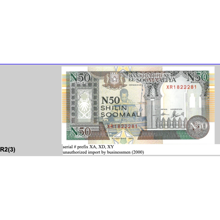 Somalia 50 Shillin 1991P-R2 XA prefix